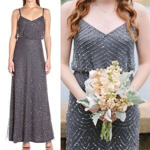 NWT Adrianna Papell Art Deco Beaded Blouson Gown in Gunmetal Grey Size 8 BHLDN